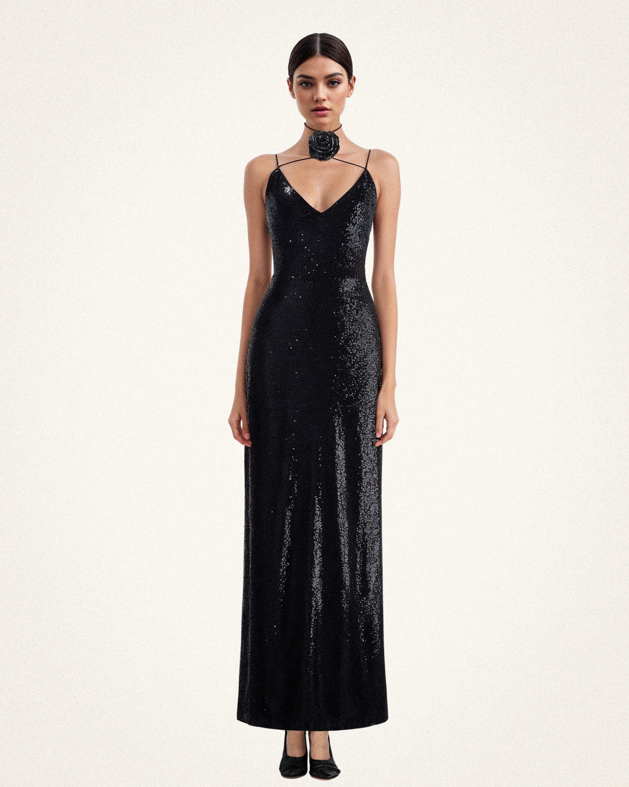 12_58192ba7-b1b7-4e57-ba3b-f4e211524574.png Heisey Black Sequinned Rosette Maxi Dress - Black - Image 1