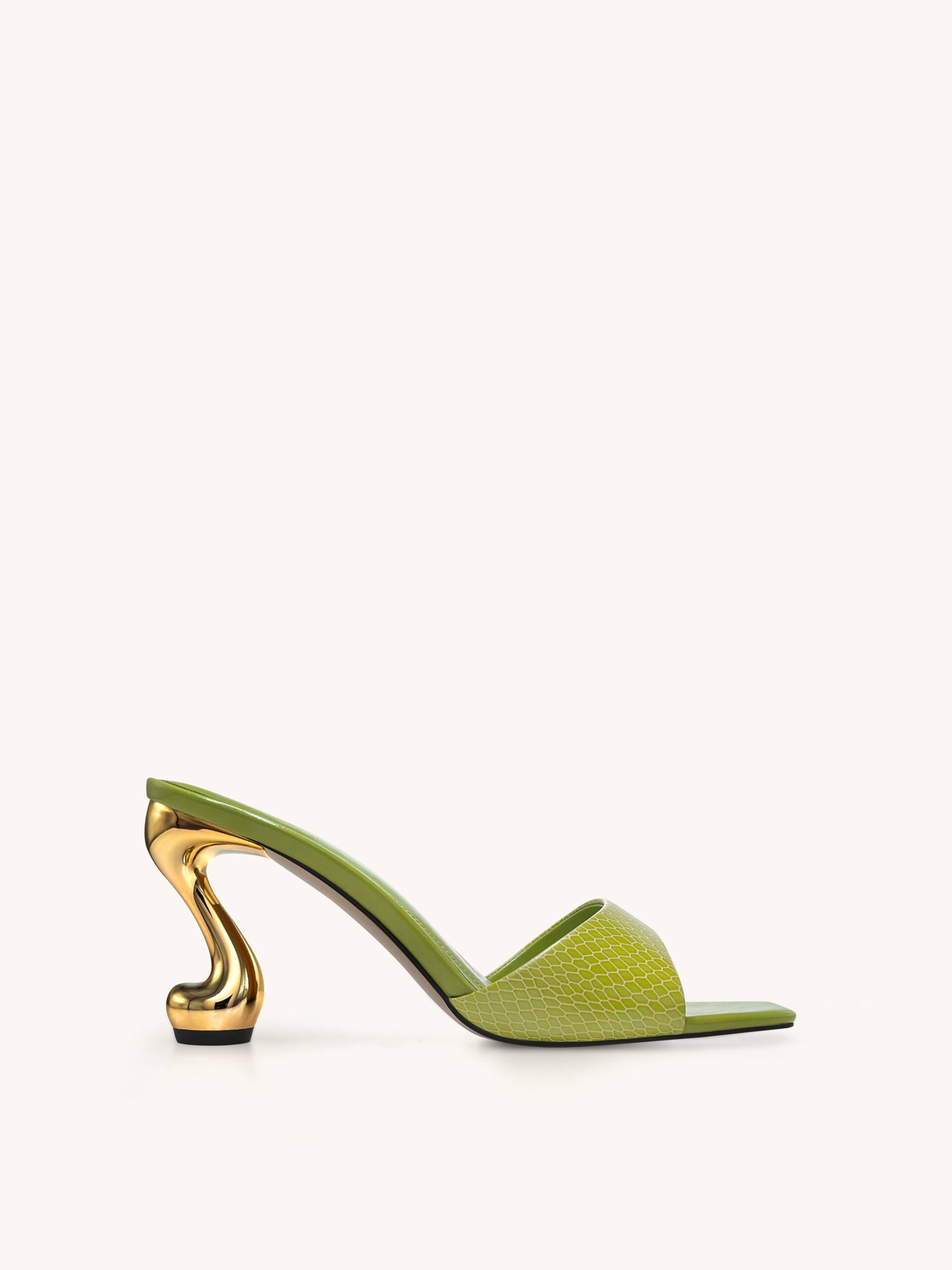 1SDS121-7-FRONT Hannah Snakeskin Heel Mules - Green - Image 1