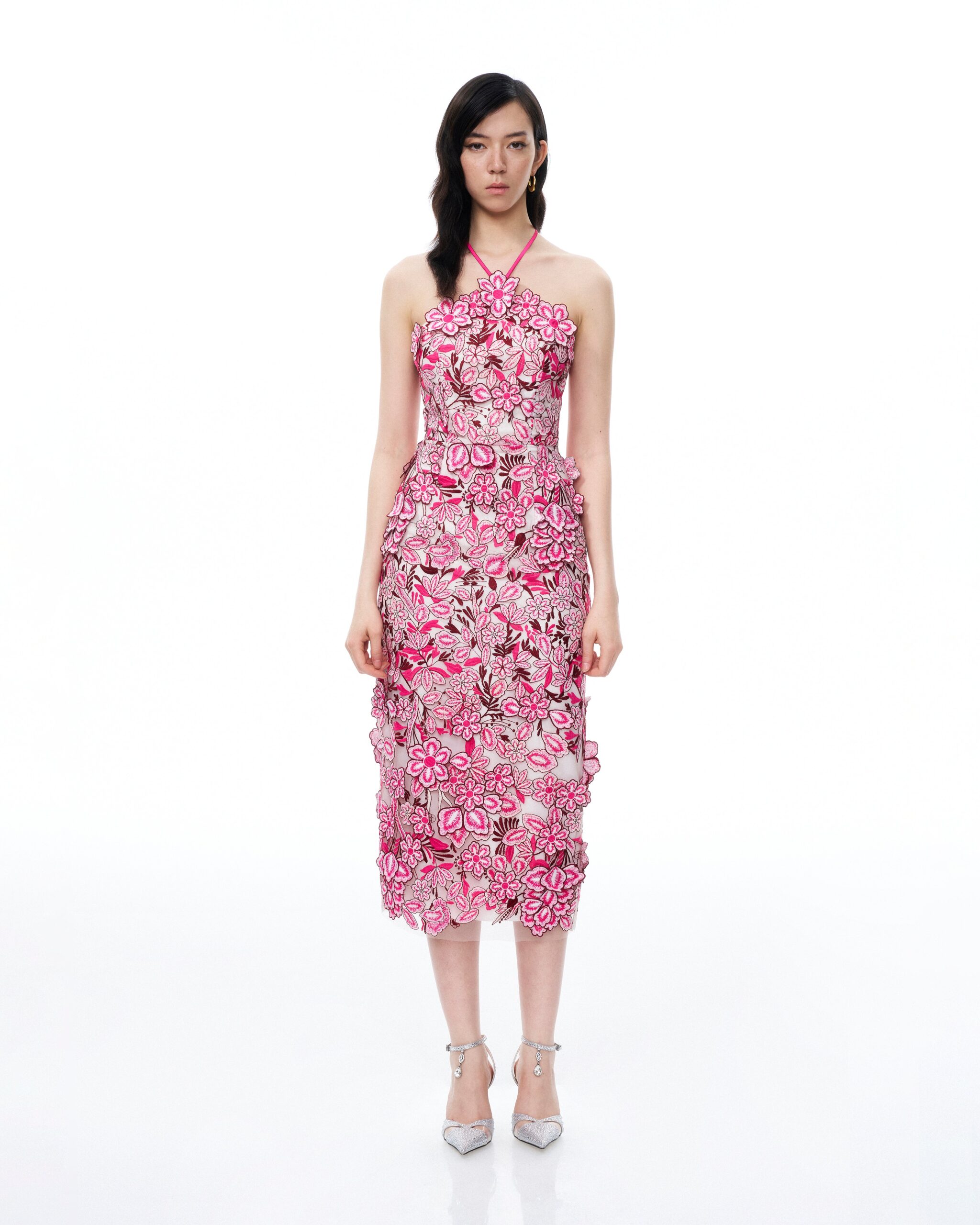 250329JWPEI1652 Fiora Halter Neck Floral Embroidered Maxi Dress - Rose Red - Image 1