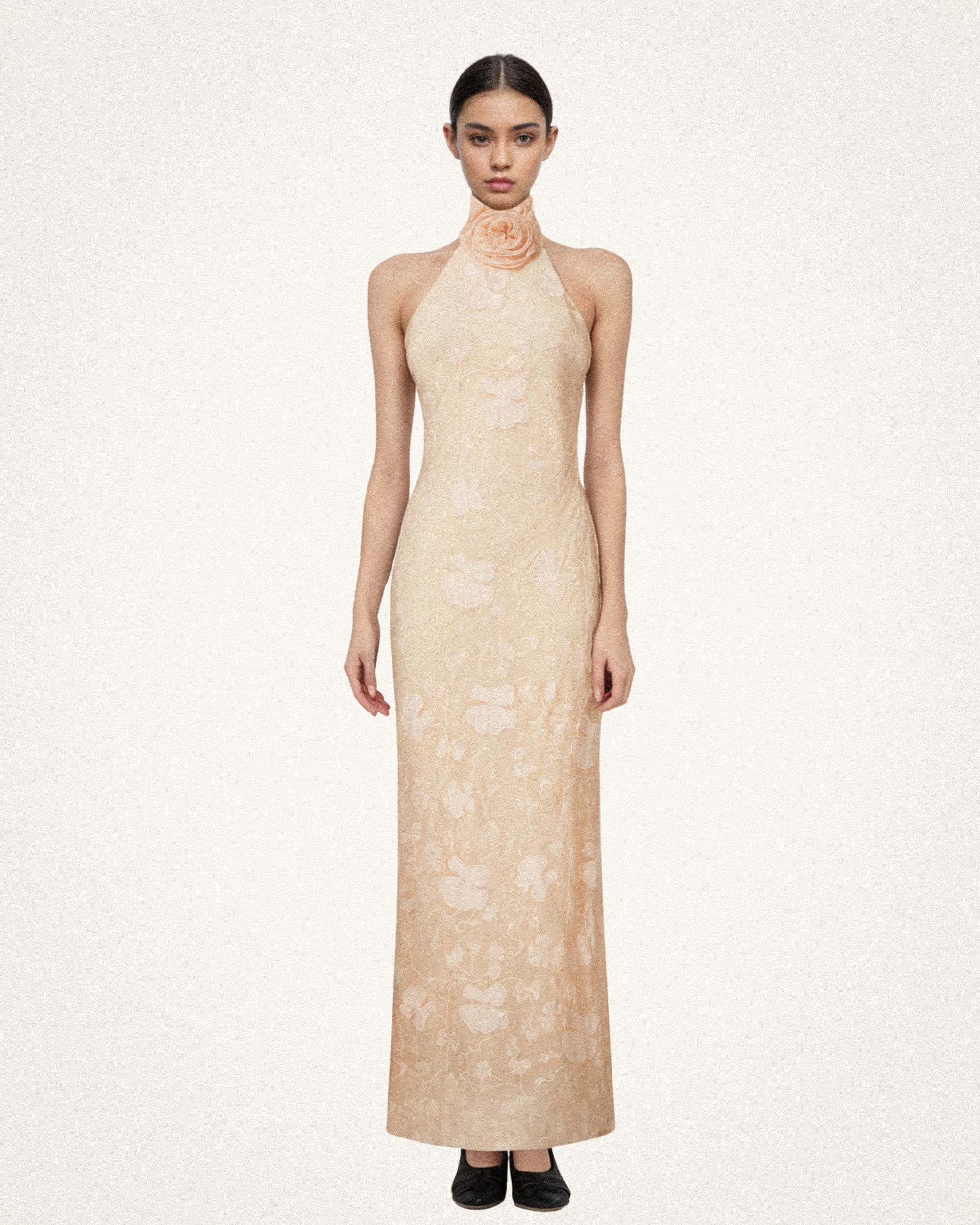 6_8ecb0fea-0f46-46f7-802e-88db35dda50e.png Uliana Pink Beige Floral Lace Halterneck Maxi Dress - Pink Beige - Image 1