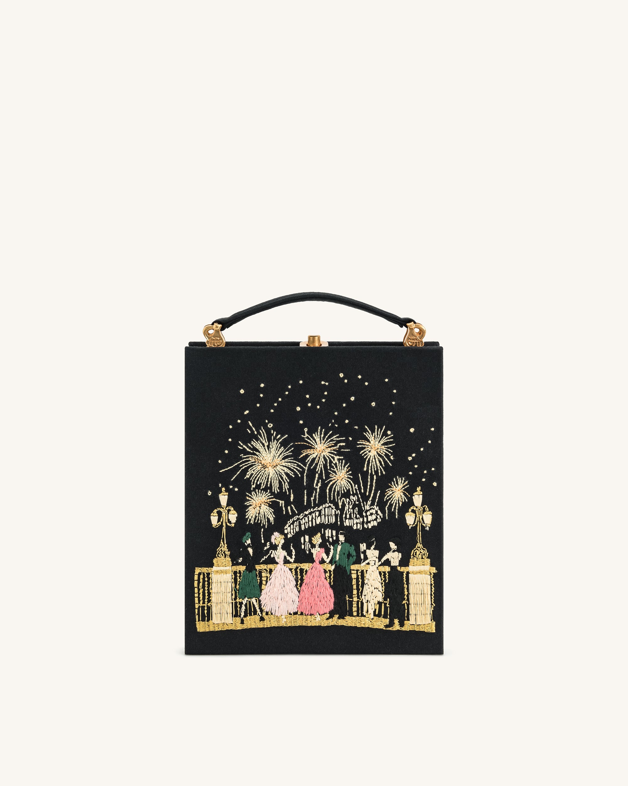 7C232-1-FRONT Taya-Fireworks Pattern Book Shape Clutch Bag - Black - Image 1