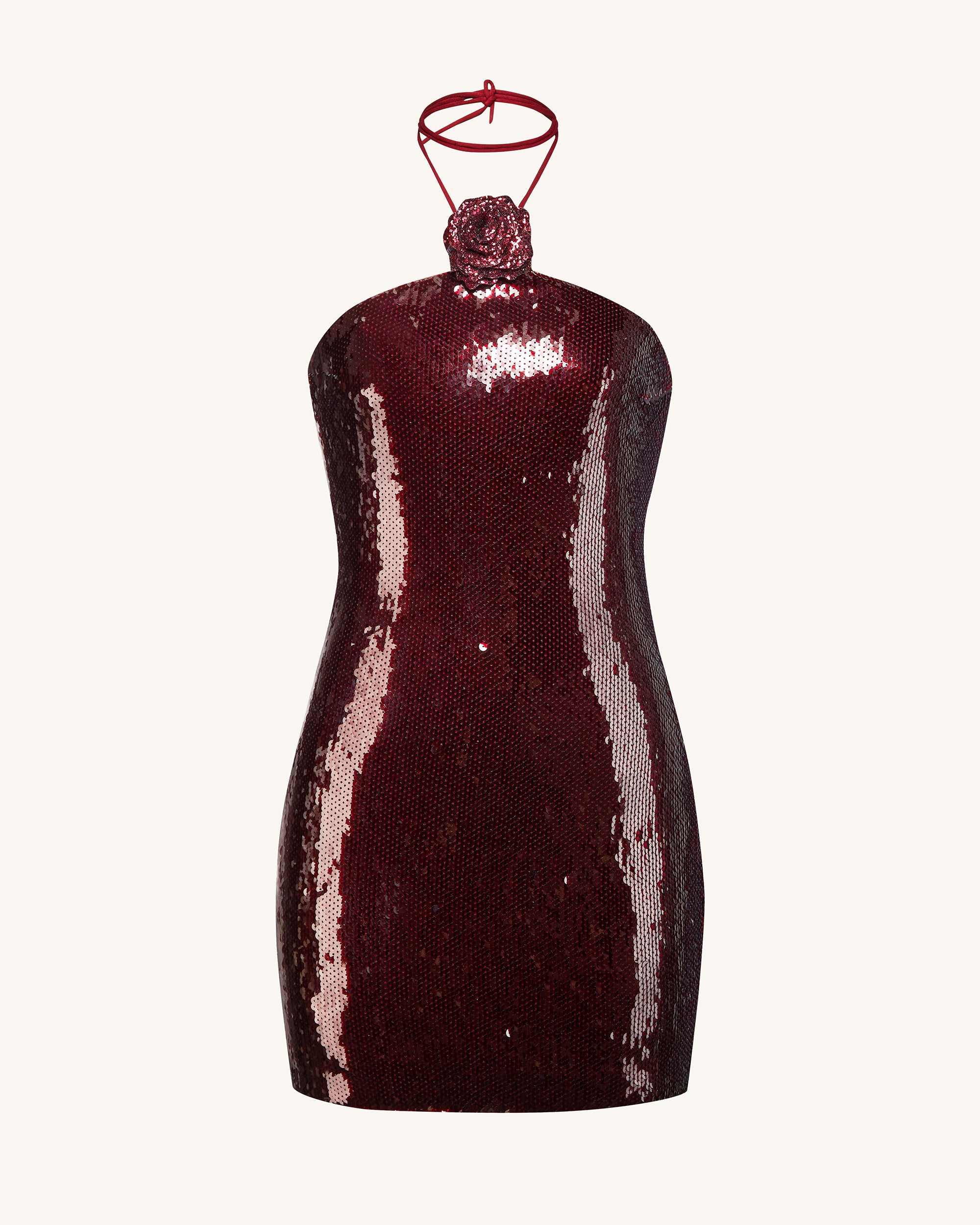 DS006-4_FRONT_28c22904-9452-4a86-972b-f06c6082b74a Burgundy Sequinned Halter Mini Dress - Burgundy - Image 1