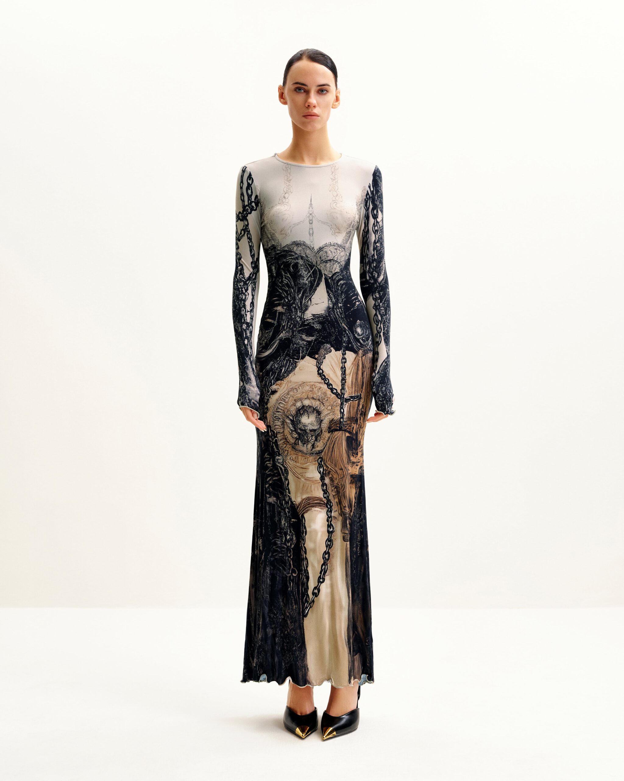 DS159-3_1 Isabella Vintage Print Dress - Brown & Black - Image 1