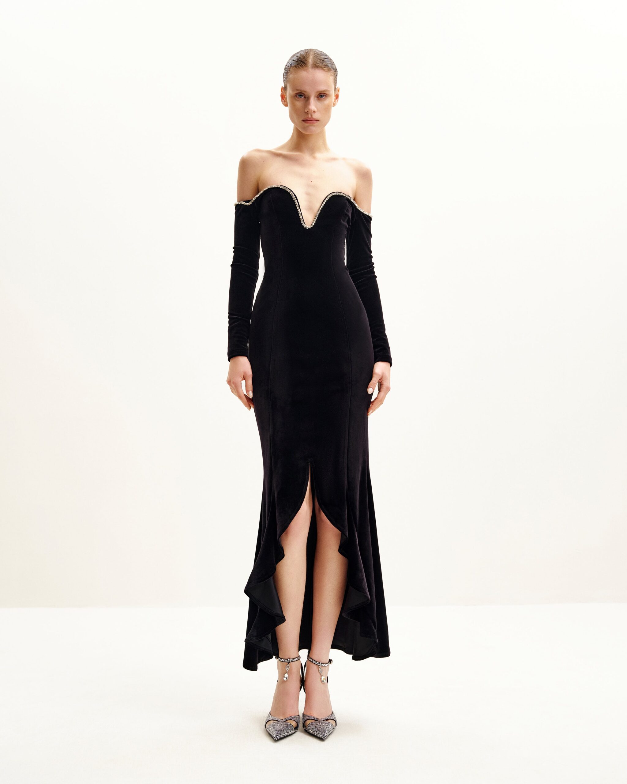 DS524-1_1 Allison Off-Shoulder Evening Gown - Black - Image 1