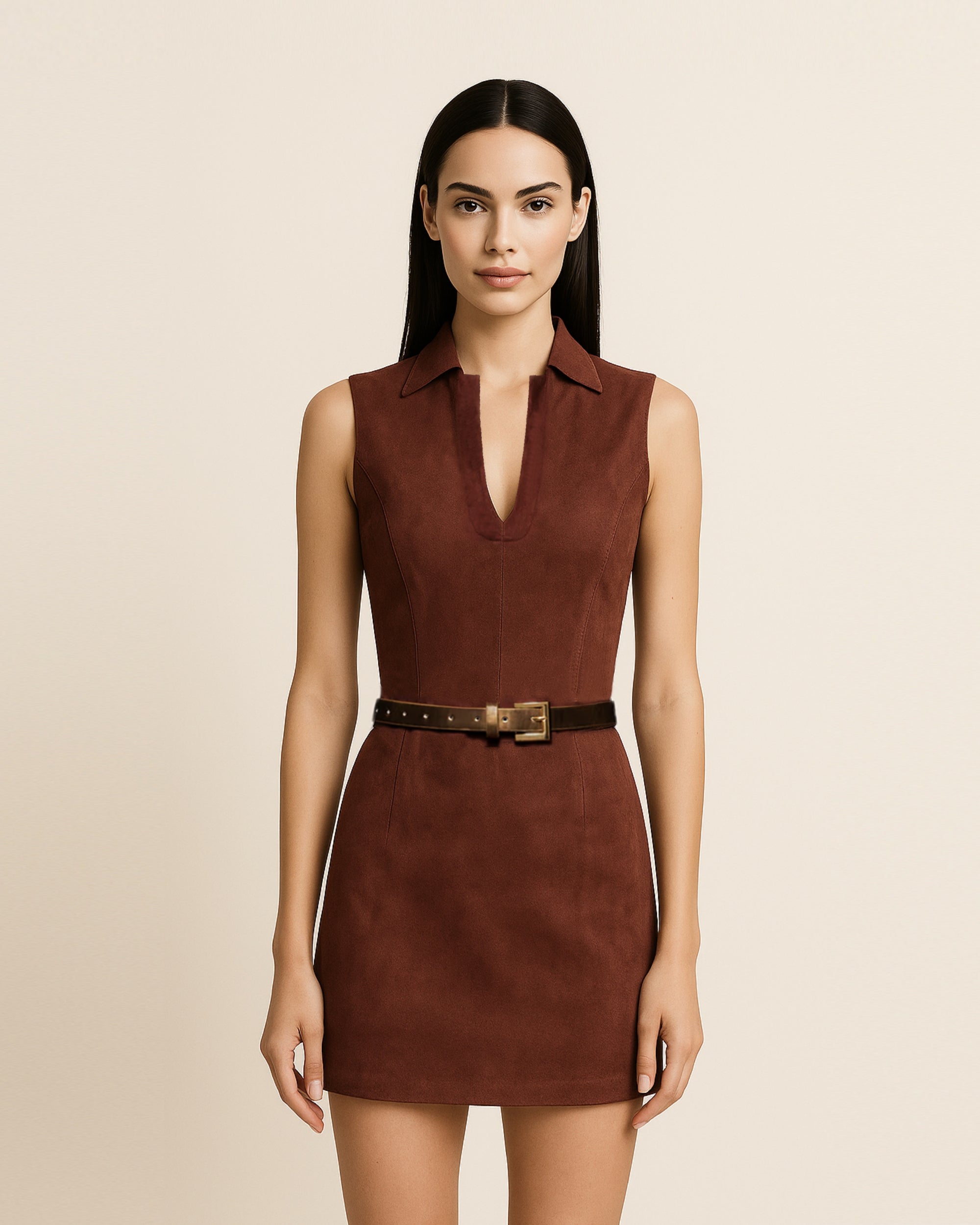 DS654-3 Ariana Sleeveless Suedes Mini Dress - Burgundy - Image 1