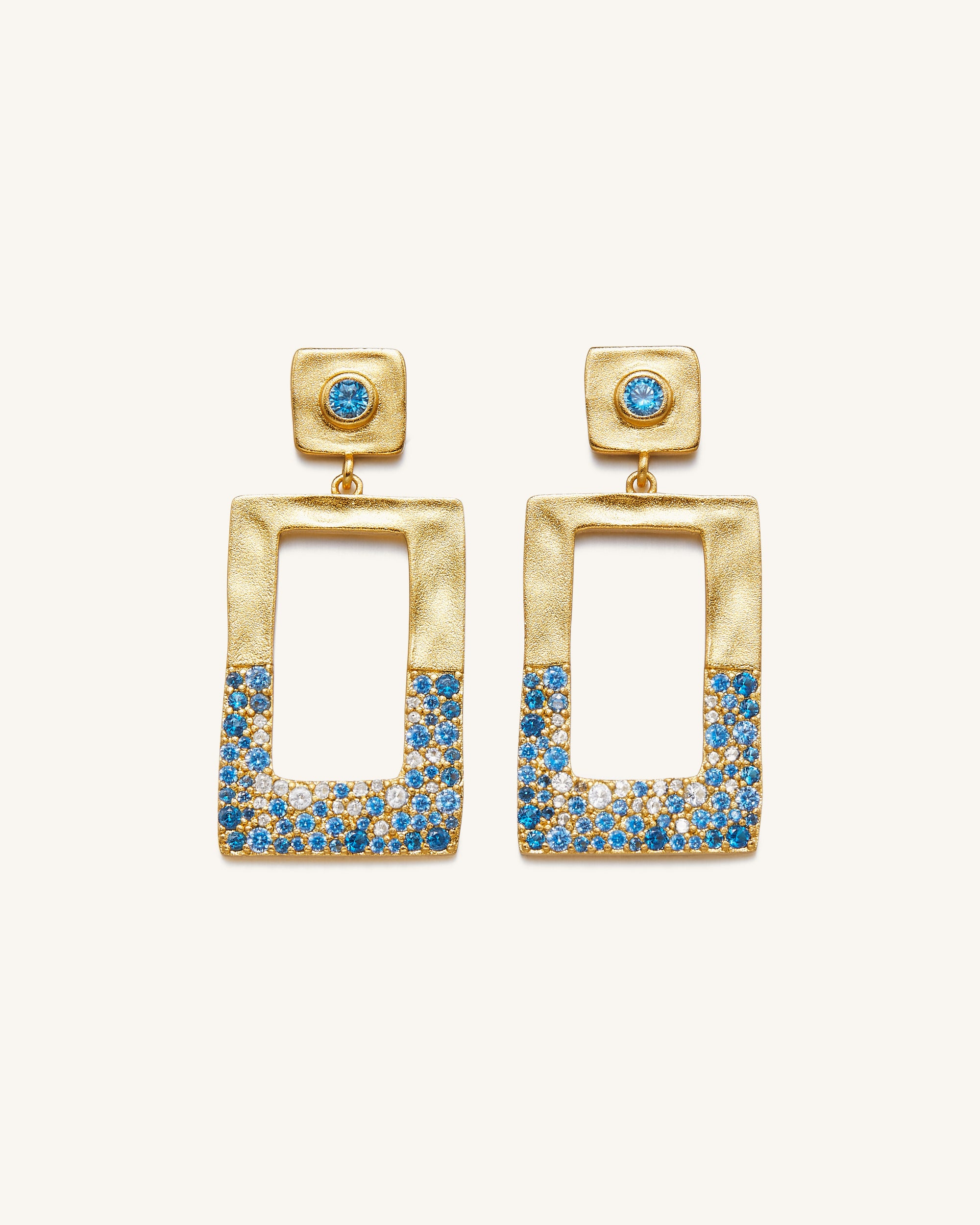 EA003-1_a_35f6ed2b-4f20-4f4b-a52b-752a252a4b8b Geometrical Openwork Rectangle Earrings - 18ct Gold Plated & Sea Blue Nano - Image 1