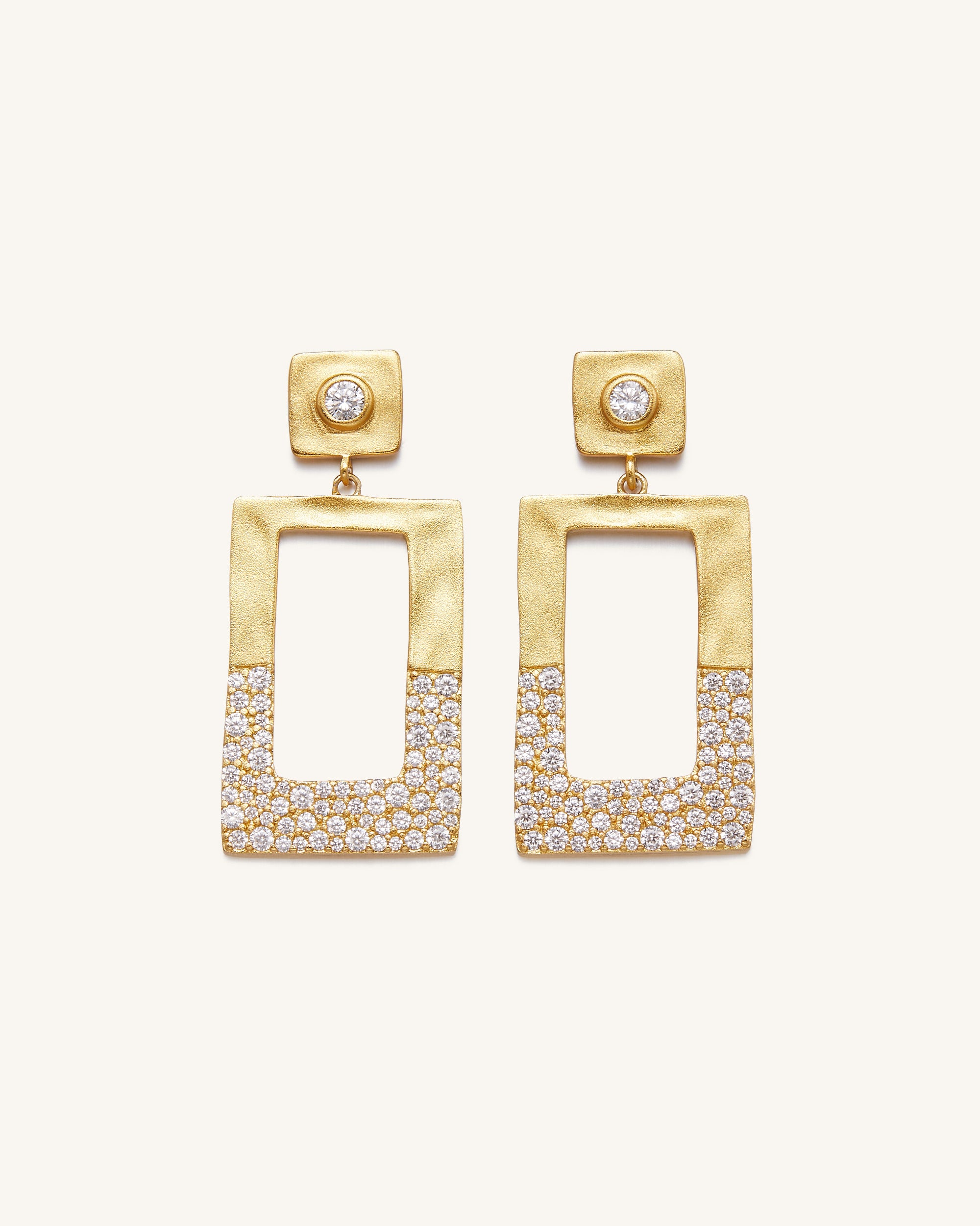 EA003-4_a_78607338-4c5a-4539-a9a4-c58ace3d4eec Geometrical Openwork Rectangle Earrings - 18ct Gold Plated & White Zircon - Image 1
