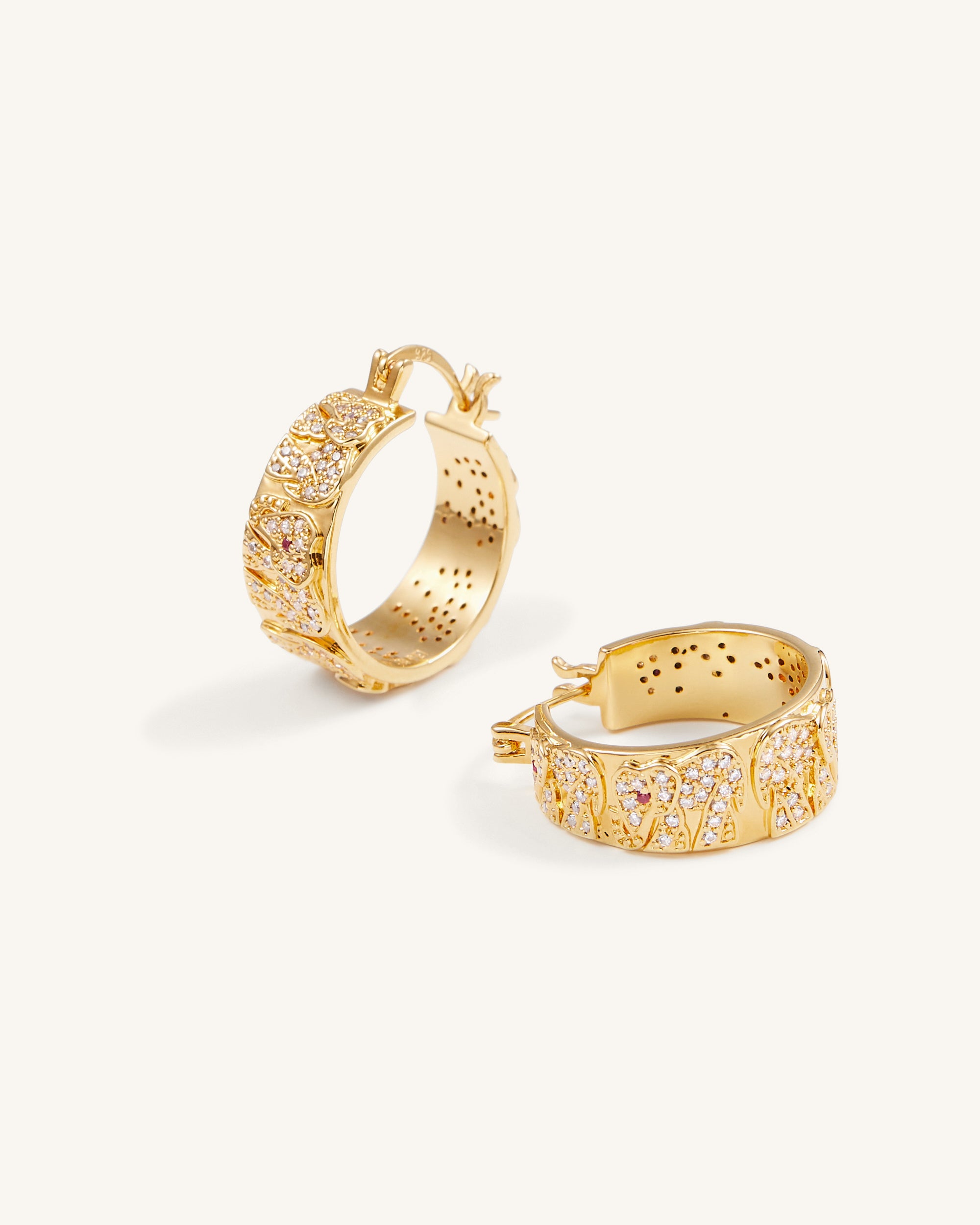 EA006-1_a_7ea180fe-f856-41bd-a797-e99b7ef044c8 Elephant Earrings - 18ct Gold Plated & White Zircon & Red Corundum - Image 1