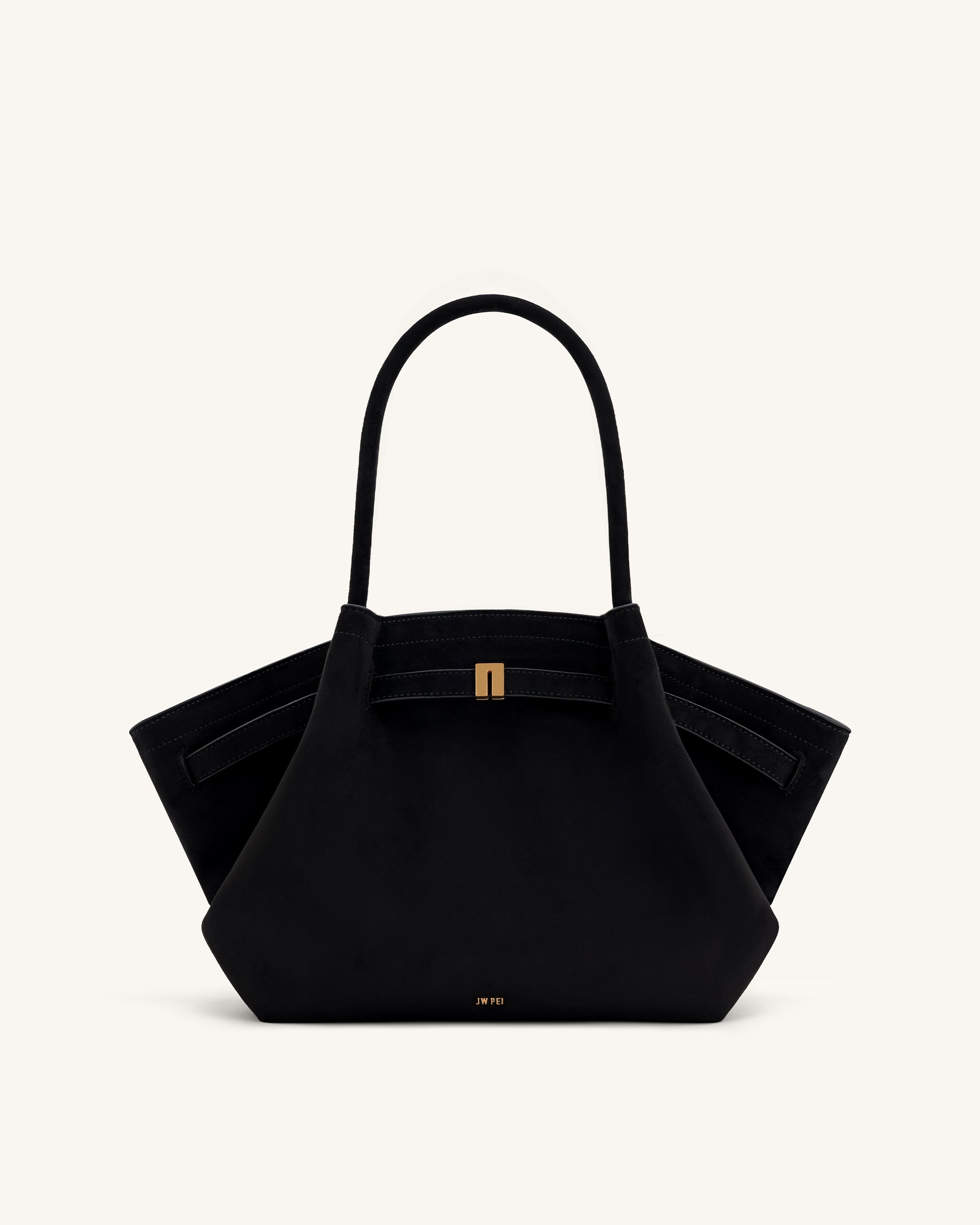 JH306B04-1_FRONT1 Hana Medium Faux Suede Tote Bag - Black - Image 1