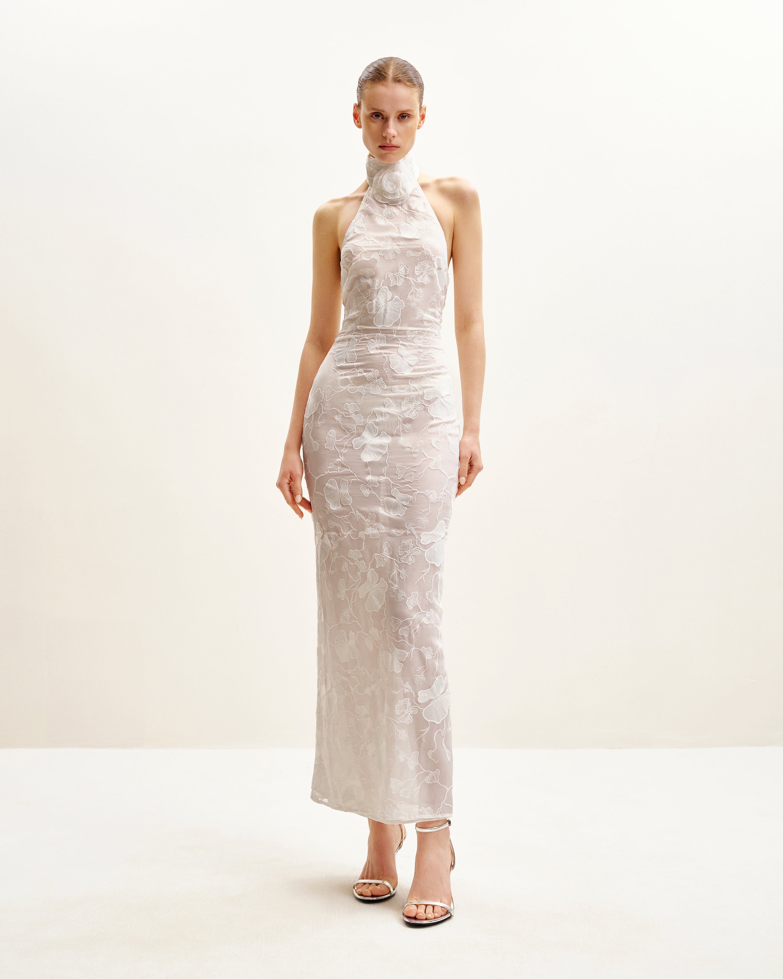 JR30234-2_1 Uliana White Floral Lace Halterneck Maxi Dress - White - Image 1