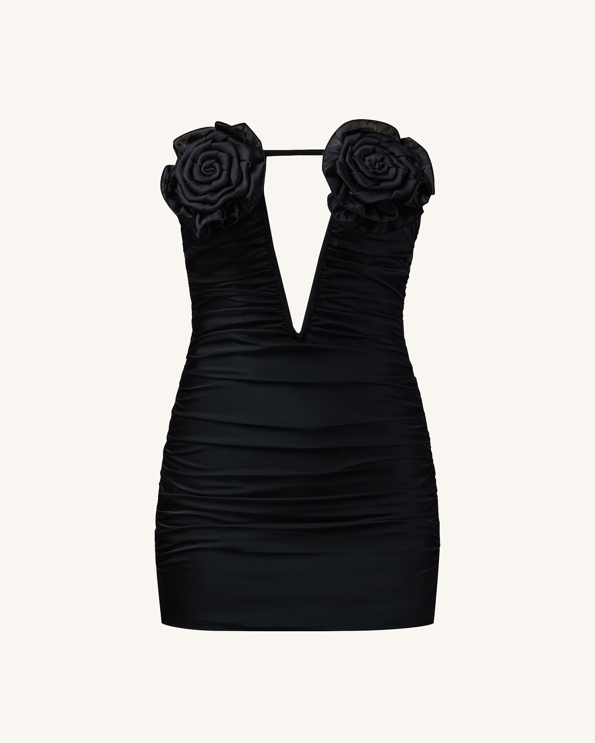 JR30236-1_FRONT.png Bailee Black Floral Applique And Ruched Tube Mini Dress - Black - Image 1