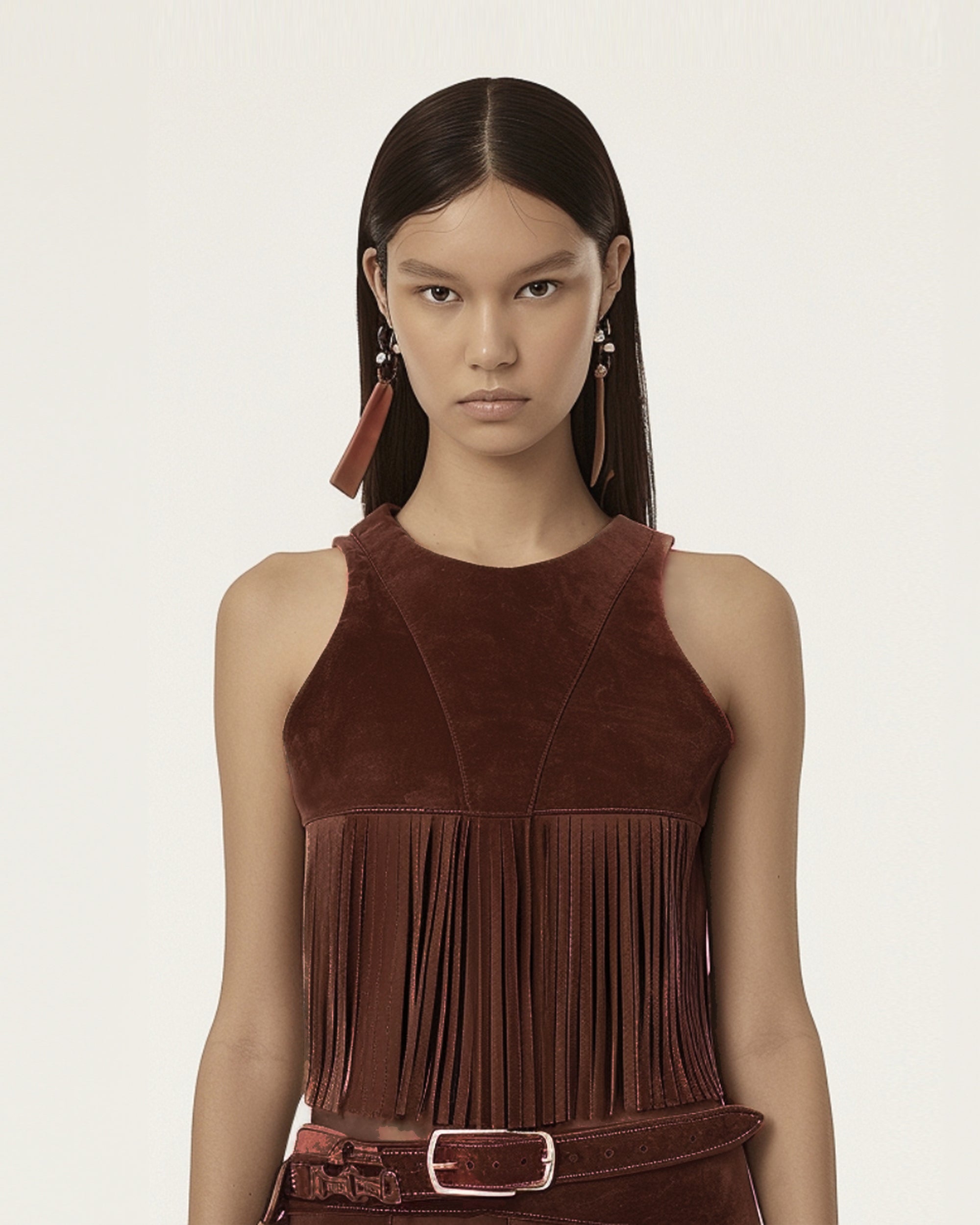 LDS004-3 Faux Suede Fringe Halter - Burgundy - Image 1