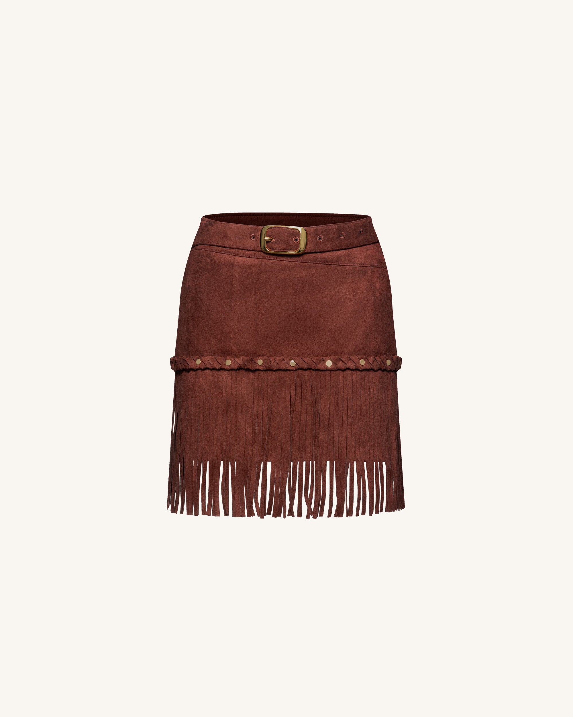 LDS006-3FRONT Western-Style Sueded Fringe Skirt - Burgundy - Image 1