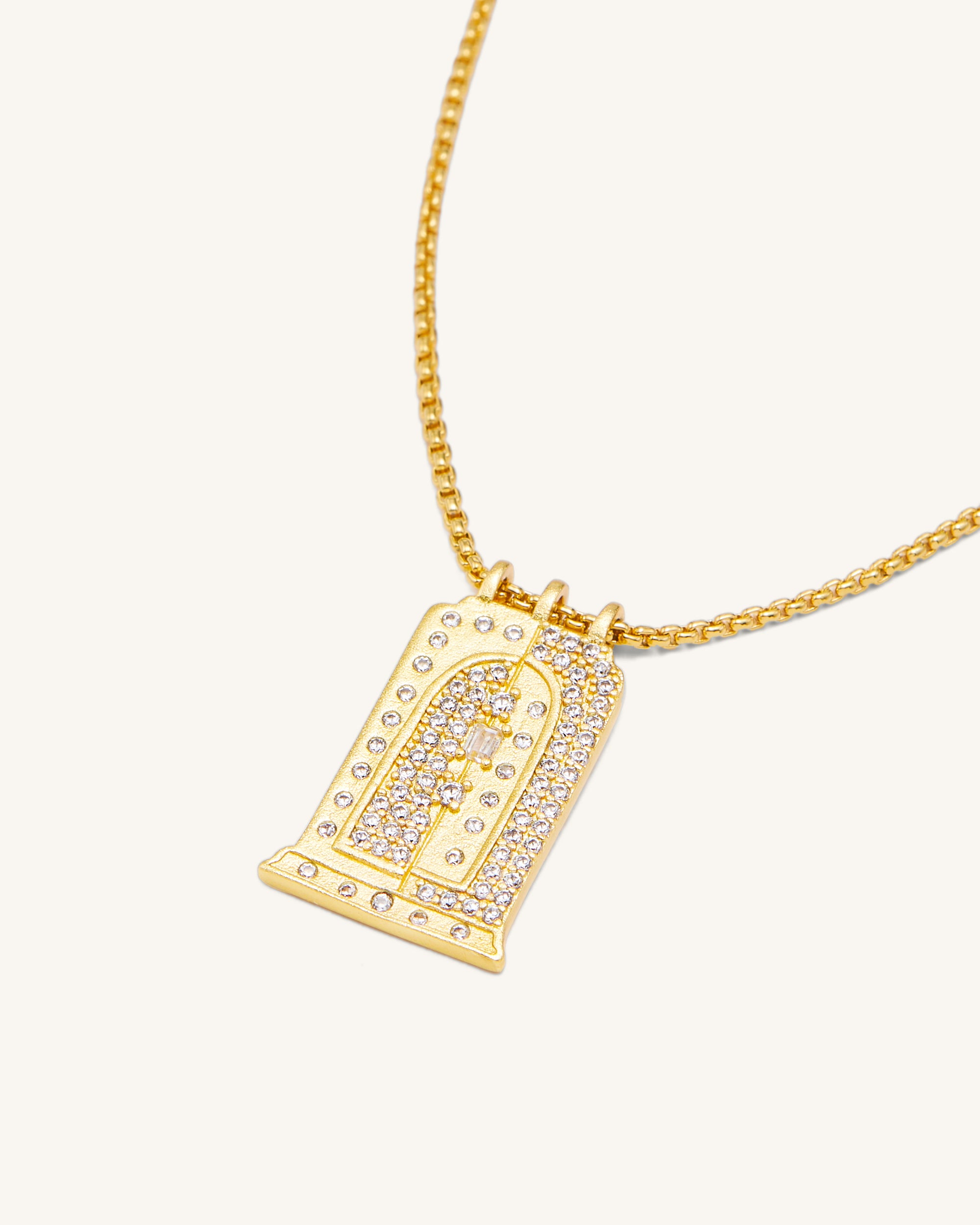 NE003-1_b_44c16cae-95f0-4179-9a04-8fe18564b6ea Roman Small Arch Pendant Necklace - 18ct Gold Plated & White Zircon - Image 1