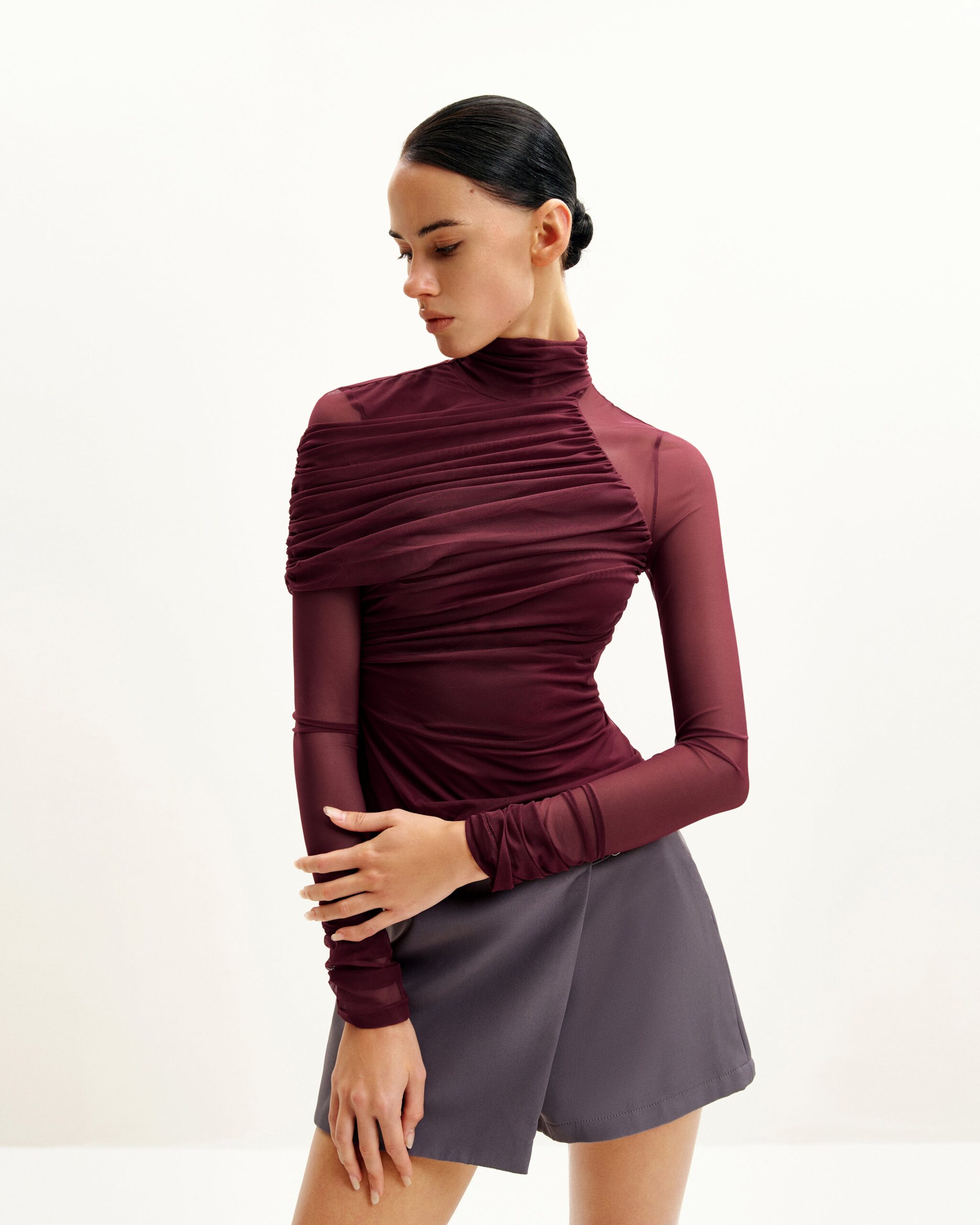 TS139-4_2 Ella Sheer Ruched Turtleneck Top - Burgundy - Image 1