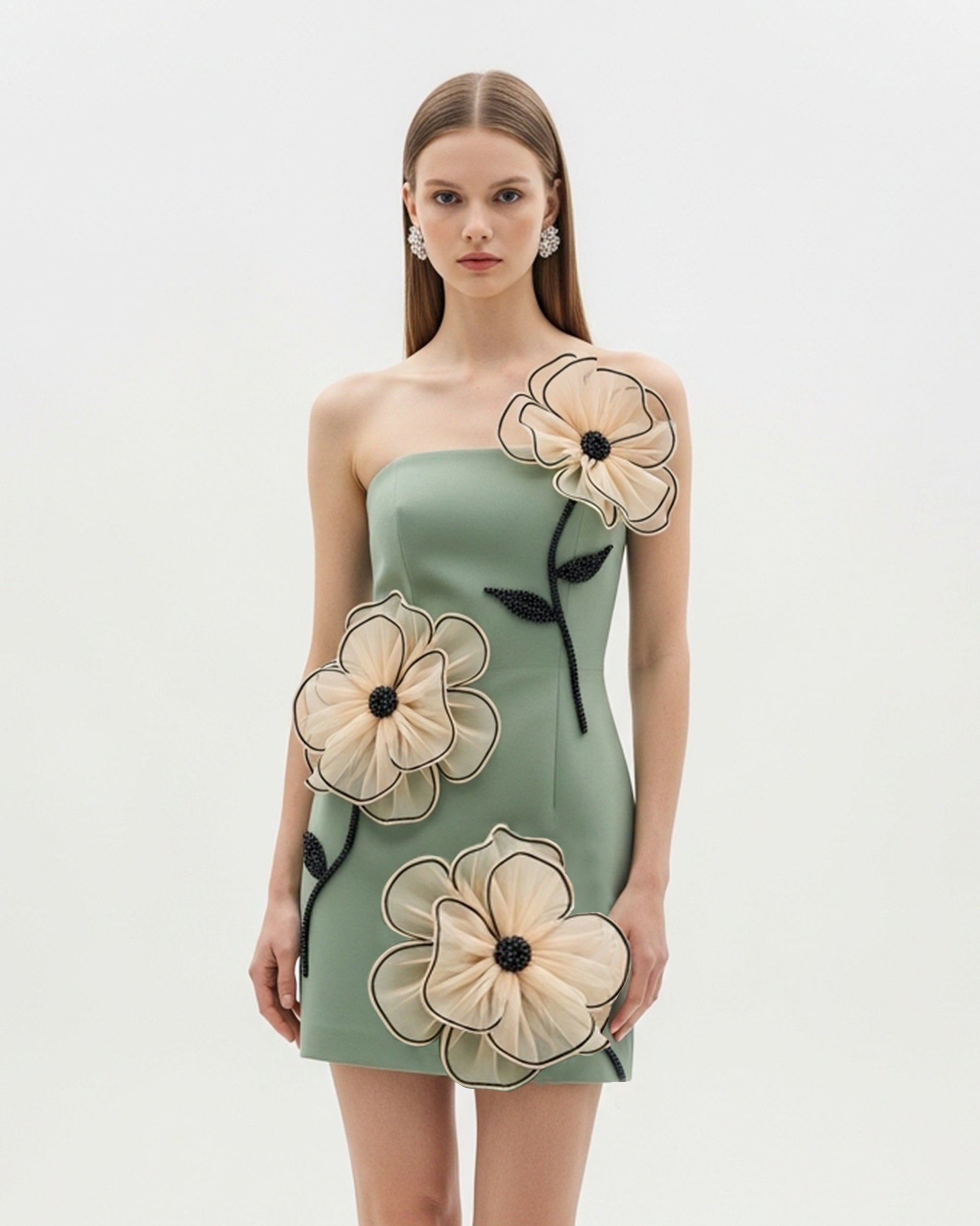unnamed_6a0622ad-30f5-40d6-9c9f-1fa4fa5b67c2 Strapless Floral Appliqué Mini Dress – Sage Green - Image 1